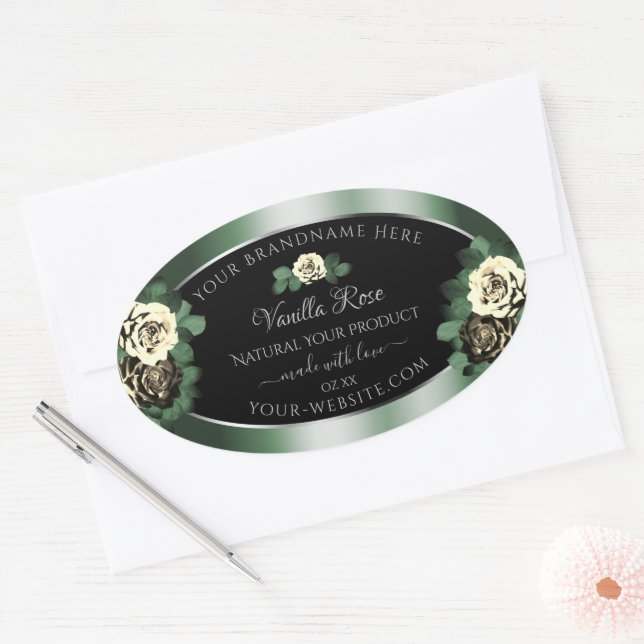 Floral Dark Green Black Product Labels Leafy Roses (Envelope)