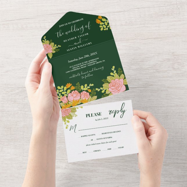 Floral Dark Green Wedding Botanic  All In One Invitation (Tearaway)