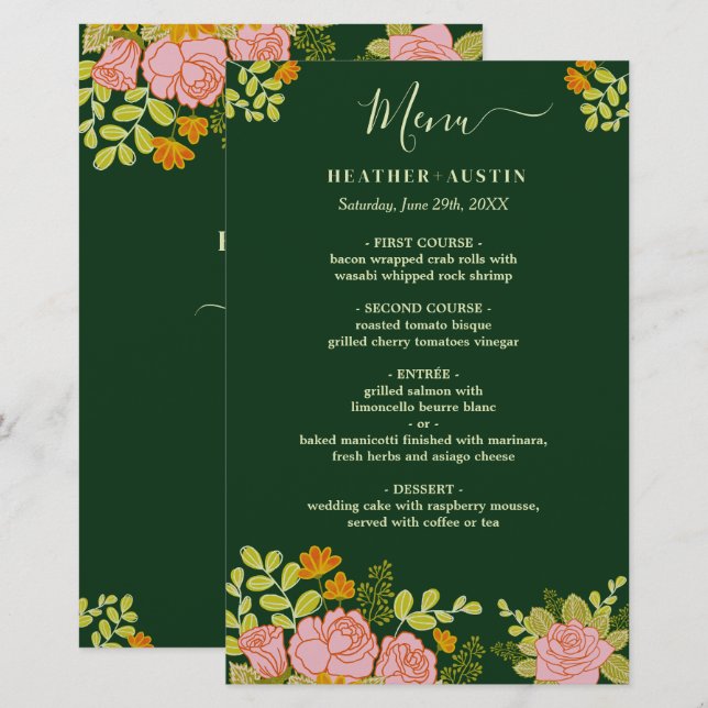 Floral Dark Green Wedding Botanic Decor Menu (Front/Back)