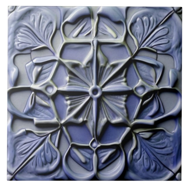 Floral Dark Indigo Blue Faux Relief Flower Cross Tile (Front)