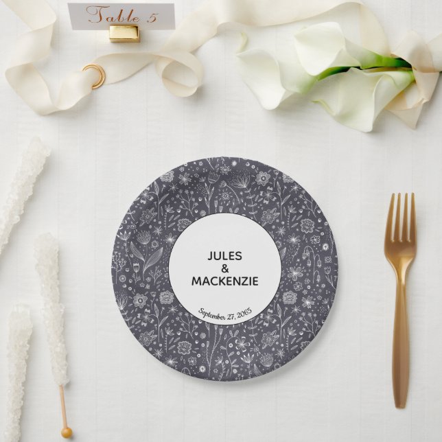 Floral Dark Monochrome Modern Wedding Paper Plate (Wedding)