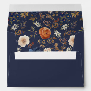Floral Dark Moody Navy Blue Rust Wedding Envelope