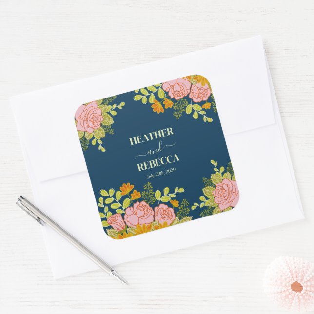 Floral Dark Navy Blue Wedding Botanic Gift Square Sticker (Envelope)