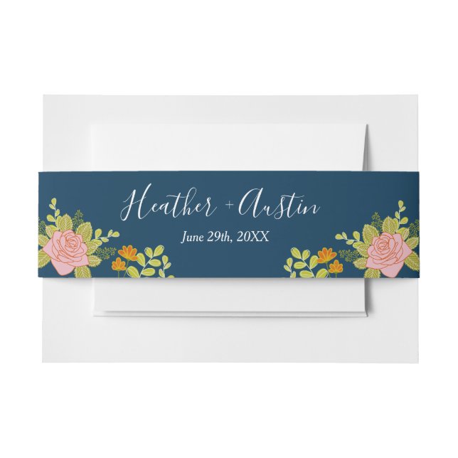 Floral Dark Navy Blue Wedding Botanic Invitation Belly Band (Front Example)