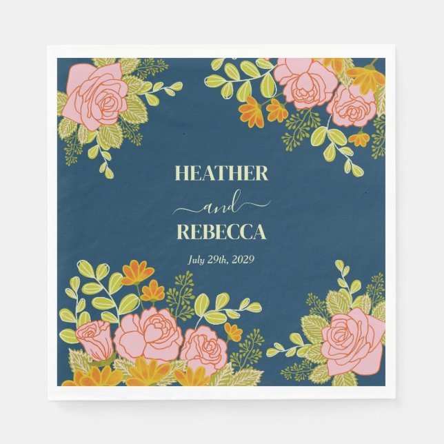 Floral Dark Navy Blue Wedding Botanic  Napkin (Front)
