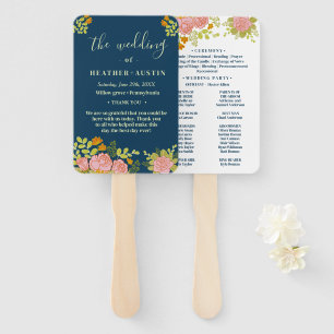 Floral Dark Navy Blue Wedding Botanic Program Hand Fan