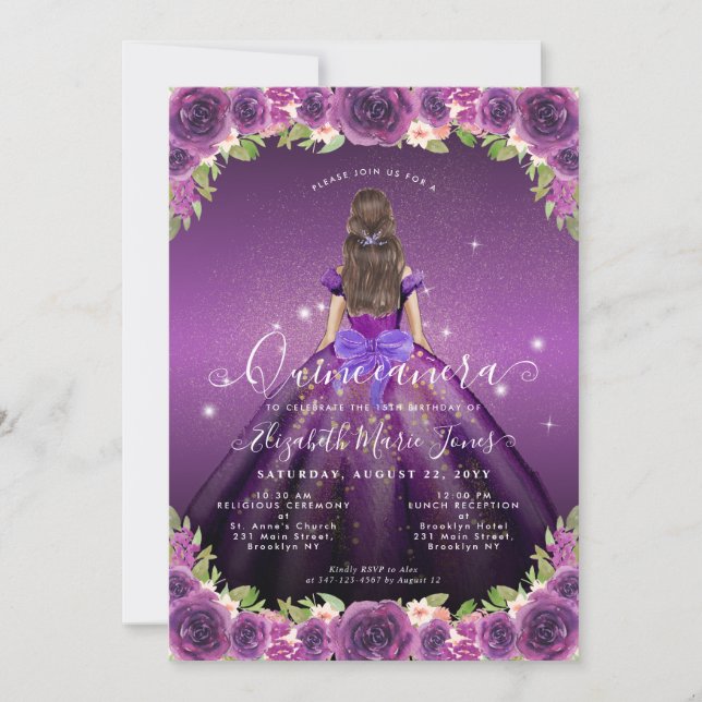 Floral Dark Purple Gold Glam Princess Quinceanera Invitation (Front)
