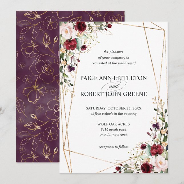 Floral Dark Red, Purple, and Blush Wedding Invitation (Front/Back)