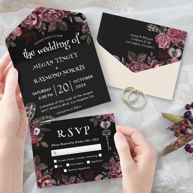 Floral Dark Roses Black Gothic Wedding All In One Invitation (Creator Uploaded)