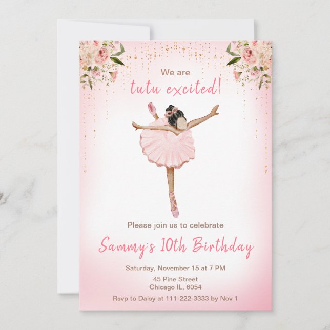Floral Dark Skin Ballerina Birthday Invitation (Front)