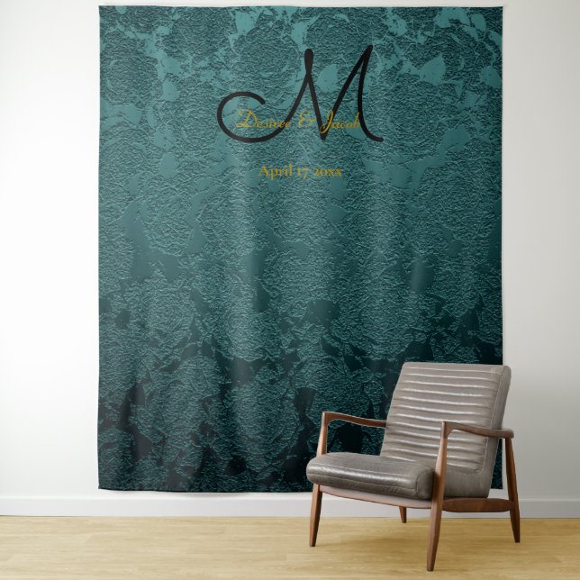 Floral Dark Teal Black Gold Monogram Photo Booth Tapestry (In Situ)