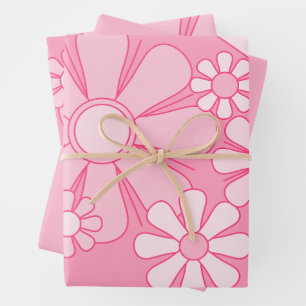 Floral Daydream Retro 60s Pink Pastel Flower Wrapping Paper Sheet