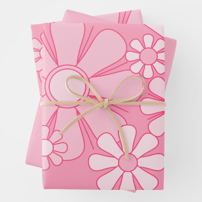 Floral Daydream Retro 60s Pink Pastel Flower Wrapping Paper Sheet (In situ)