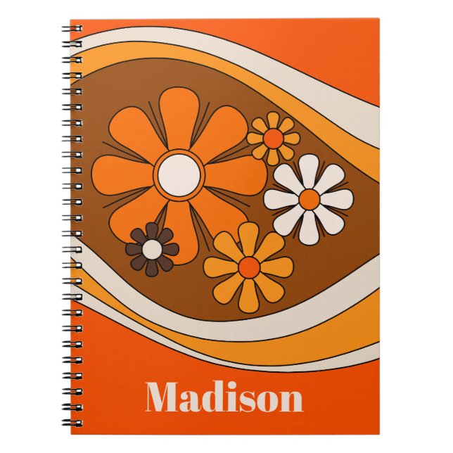 Floral Daydream Retro 70s Flowers with Name Notebook (Front)