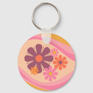 Floral Daydream Retro Flower Pattern Pink Orange Key Ring