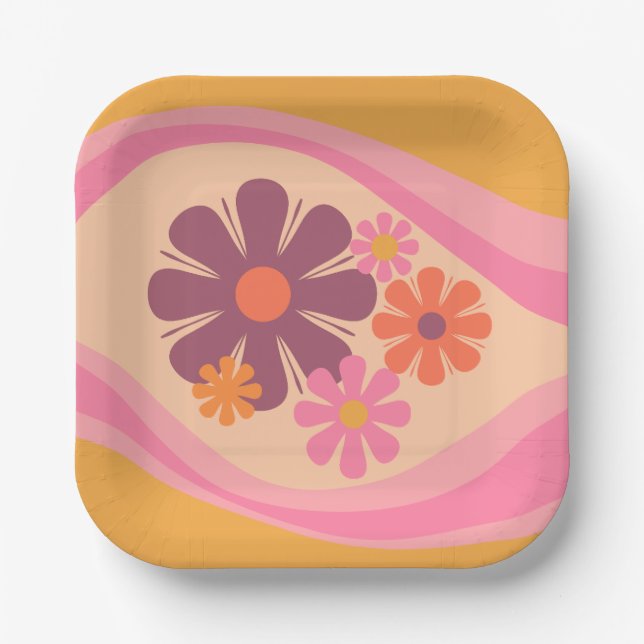 Floral Daydream Retro Flower Pattern Pink Orange  Paper Plate (Front)
