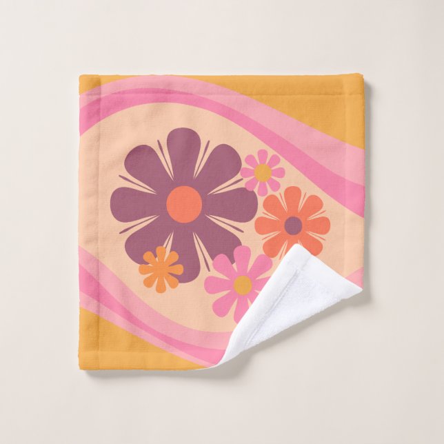 Floral Daydream Retro Flower Pattern Pink Orange Wash Cloth (Wash Cloth)