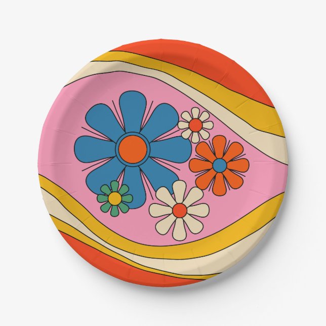 Floral Daydream Retro Flower Power 60s 70s Paper Plate (Front)