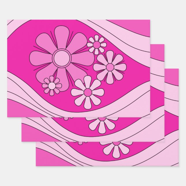 Floral Daydream Retro Hot Pink 60s Flowers Wrapping Paper Sheet (Set)