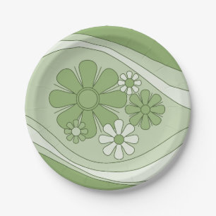 Floral Daydream Sage Green Retro 60s 70s Flowers Paper Plate