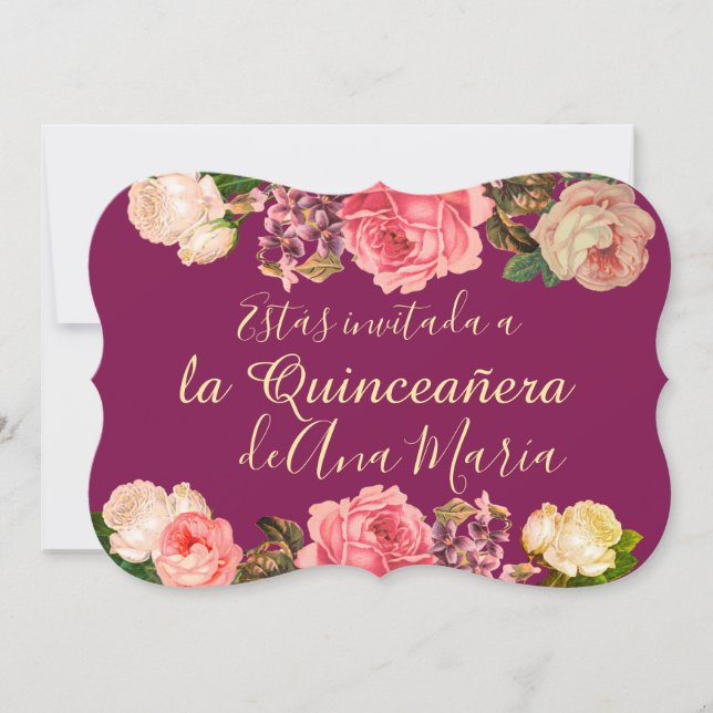 Floral de Borgoña Quinceanera Celebración Invitation (Front)