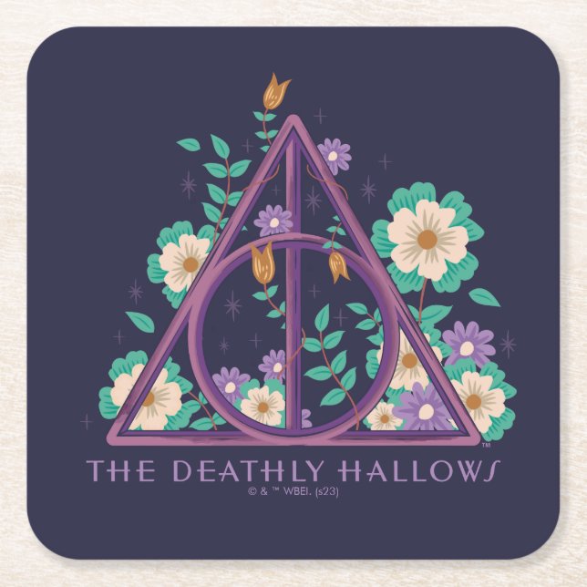 Floral Deathly Hallows Graphic Square Paper Coaster (Front)
