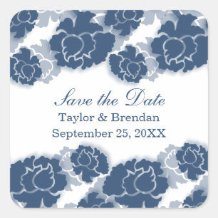 Floral Decadence Save the Date Stickers, Blue Square Sticker