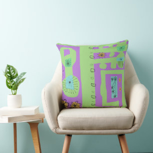 Floral Decal Ethnic Print Green Purple Black Cushion