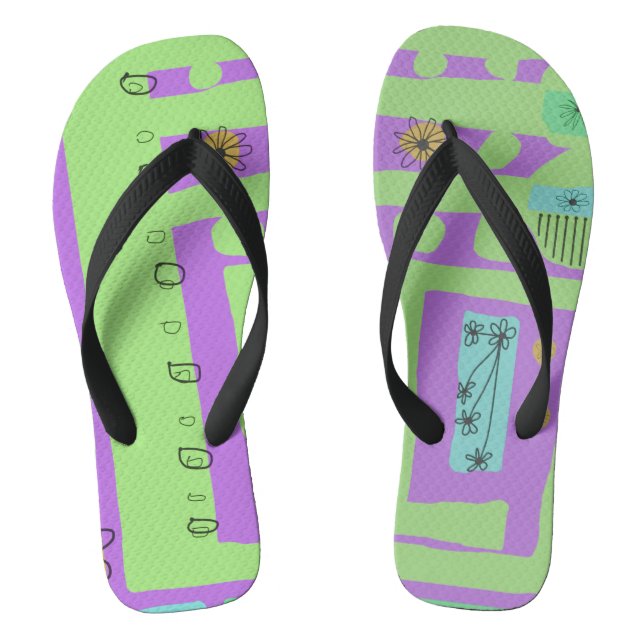 Floral Decal Ethnic Print Green Purple Black Flip Flops (Footbed)