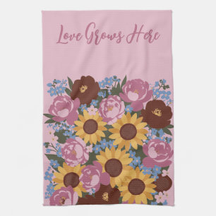 Floral Decor Love Grows Here - Peonies sunflowers Tea Towel