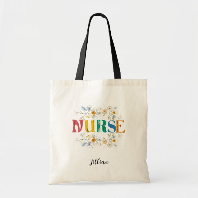 Floral Decorated Nurse Personalised Tote Bag (Front)