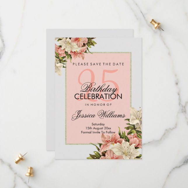 Floral Decorations Feminine Birthday Save The Date (Front/Back In Situ)