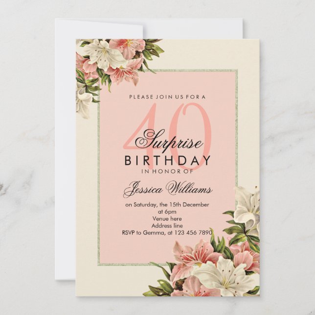 Floral Decorations Feminine Surprise Birthday Invitation (Front)