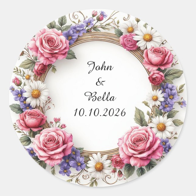 Floral Decorative Wreath Classic Round Sticker (Front)