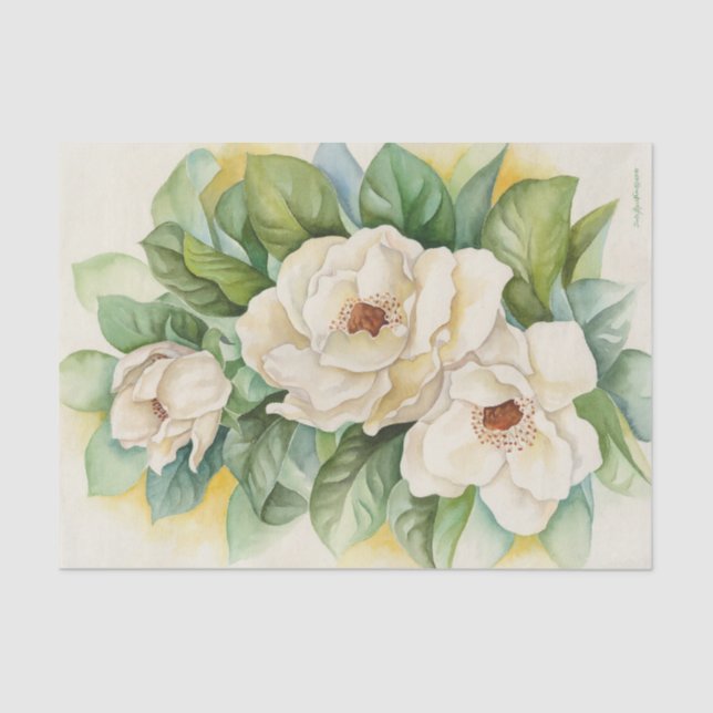 Floral Decoupage Magnolia White Watercolor Tissue Paper (Front)