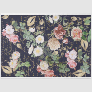 Floral Decoupage Pink Flower Roses Navy Blue Gold  Tissue Paper