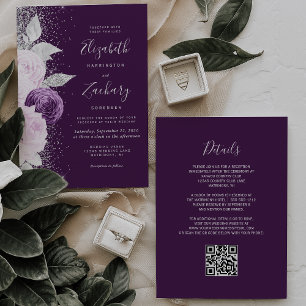Floral Deep Purple Silver Glitter QR Code Wedding Invitation