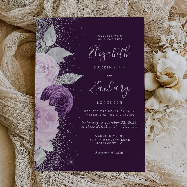 Floral Deep Purple Silver Glitter Wedding Invitation (An elegant choice for a wedding with a purple and silver color palette.)