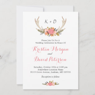 Floral Deer Antler Boho Chic Wedding Celebration Invitation