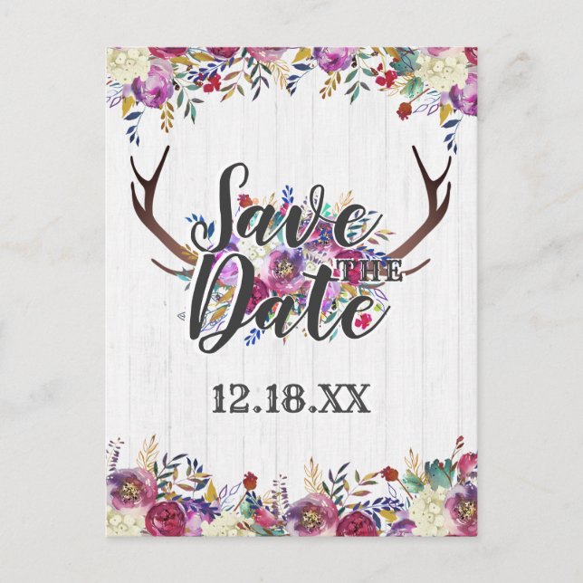 Floral Deer Antler Bouquet Burgundy Save the Date Announcement Postcard (Front)