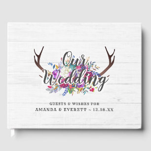 Floral Deer Antler Bouquet Rustic Wedding Monogram Guest Book