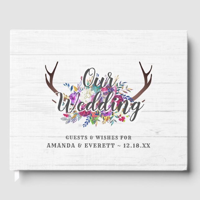 Floral Deer Antler Bouquet Rustic Wedding Monogram Guest Book (Front)
