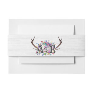 Floral Deer Antler Bouquet Rustic Wedding Monogram Invitation Belly Band
