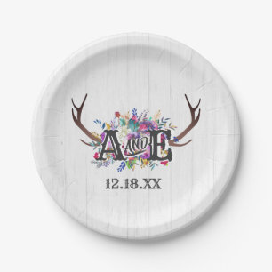 Floral Deer Antler Bouquet Rustic Wedding Monogram Paper Plate