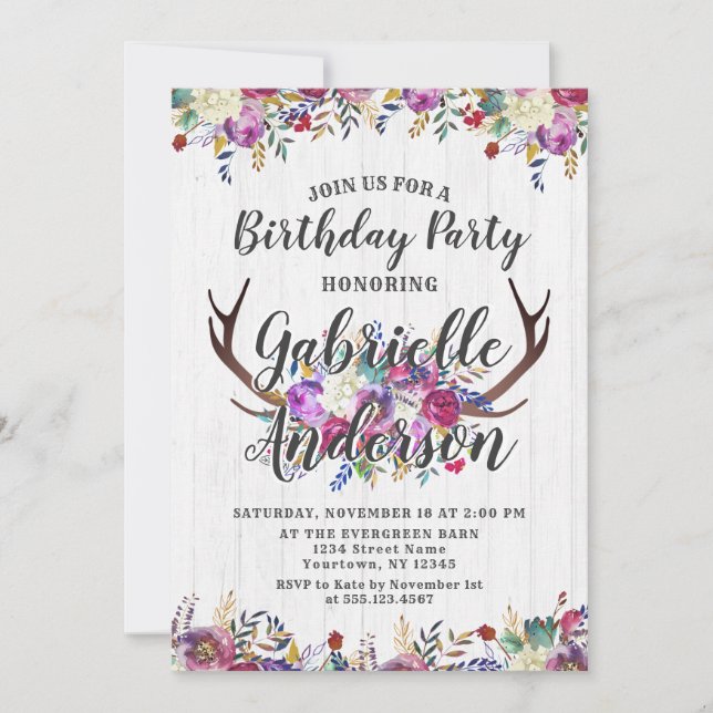 Floral Deer Antler Chic Birthday Party Invitation (Front)