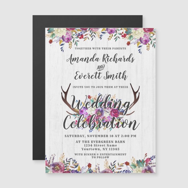 Floral Deer Antler Magnetic Wedding Invitation (Front/Back)