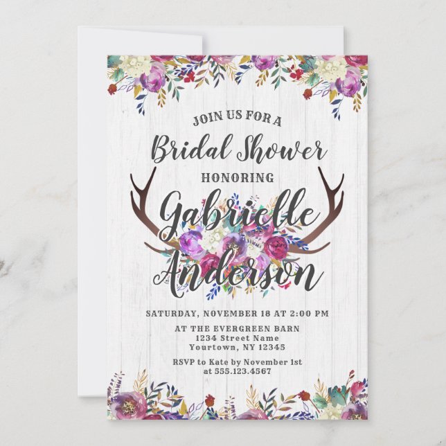 Floral Deer Antler Rustic Bridal Shower Invitation (Front)