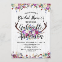 Floral Deer Antler Rustic Bridal Shower Invitation