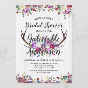 Floral Deer Antler Rustic Bridal Shower Invitation
