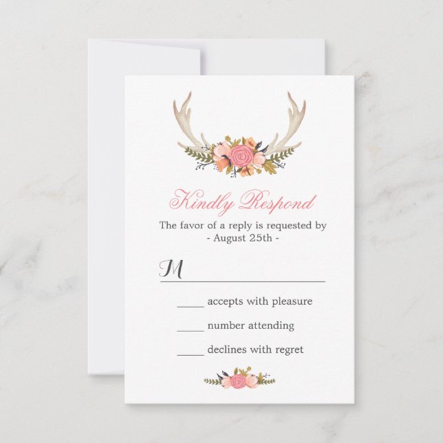 Floral Deer Antler Wedding RSVP Reply (Front)